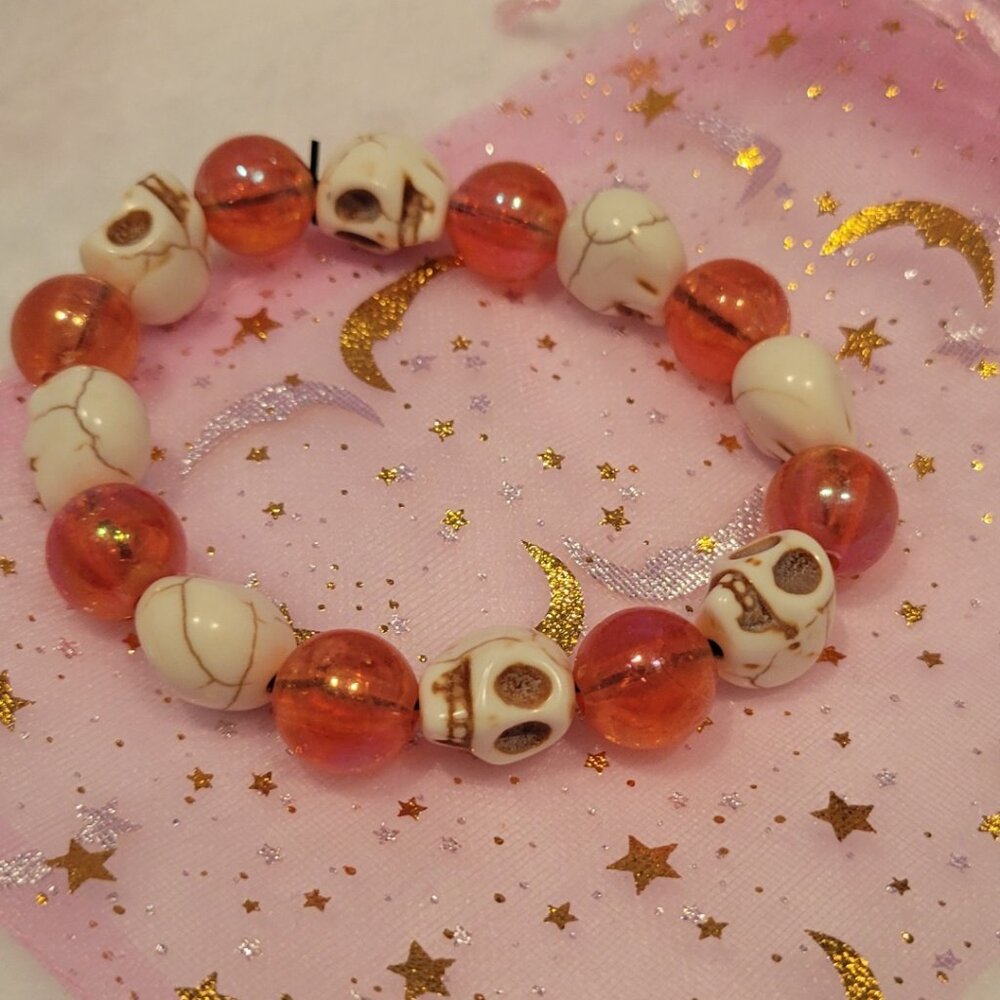 Stretch Bracelet with Skulls and Pink Beads HANDMADE